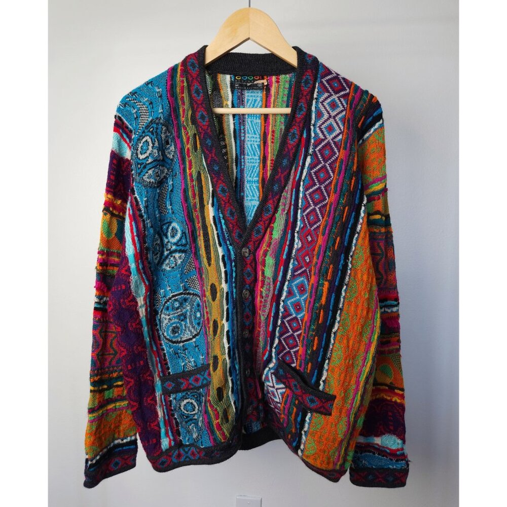 90s COOGI Australia crazy pattern 3D textured wool knitted sweater cardigan - Picture 11 of 12